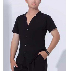 Men's v neck black latin ballroom dance shirts waltz tango flamenco chacha rumba performance tops for male